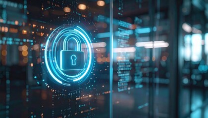 Poster - Advanced digital security technology illustrating a futuristic hologram of a lock symbol with glowing blue interface over a modern cyber network background