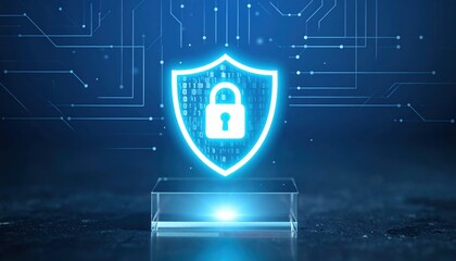 Poster - Digital security shield with lock icon representing cybersecurity protection, data privacy, and encryption on a futuristic technology background