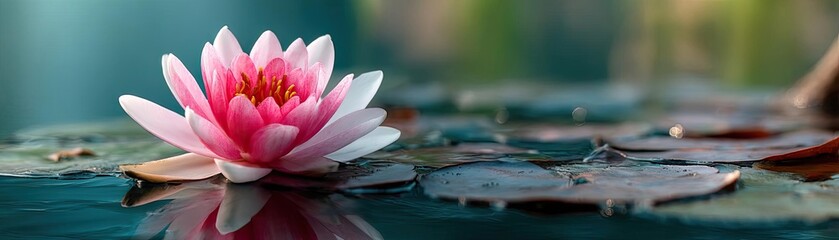 Poster - Mental clarity on self recovery and peace balance concept. A serene water lily blooming on calm water surface.