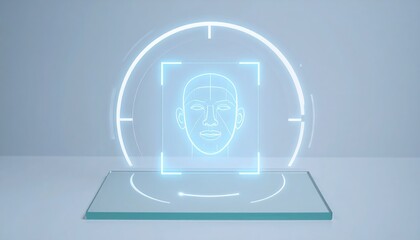 Poster - futuristic biometric facial recognition system technology interface with digital human face scanning device displaying glowing circular hologram on clean modern surface