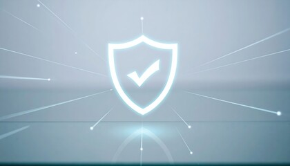 Poster - Digital security shield icon with check mark symbol representing protection and cybersecurity concept in a glowing futuristic style with lines and points