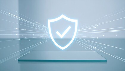 Poster - Modern digital security concept with glowing shield icon and checkmark symbol representing protection and cybersecurity in a futuristic environment