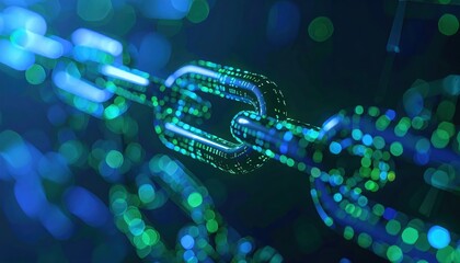 Poster - Close-up of a digital blockchain chain link representing technology, security, data transfer, innovation, and cryptocurrency concepts with glowing interconnected nodes