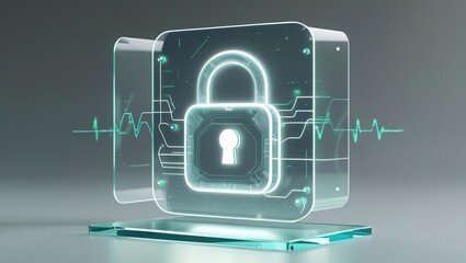 Poster - Highly detailed digital illustration of a secure lock icon surrounded by futuristic holographic interface with data lines and digital elements, representing cybersecurity