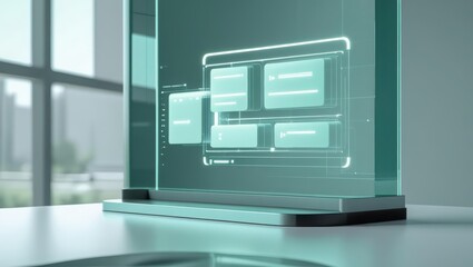 Poster - Futuristic transparent digital hologram display screen with glowing interface and data visualization technology on sleek modern desk in high-tech office