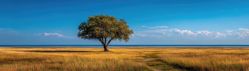 Aufkleber - Mental detox in focus and wellness recovery concept. A solitary tree on a vast landscape under a clear blue sky.