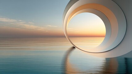 Poster - Mental clarity on self recovery and peace balance concept. A serene landscape featuring circular forms by the water at sunset.