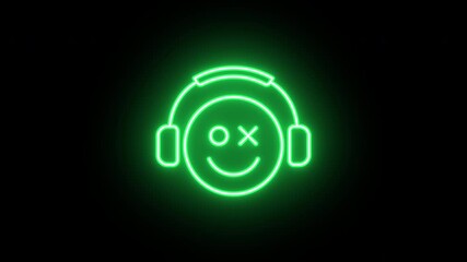Poster - Neon gamer emoji icon, flickering emergence and fading. Glowing neon gamer head icon, looped animation. Player emoticon with headphones, computer geek smile, video games. Yellow green orange colors