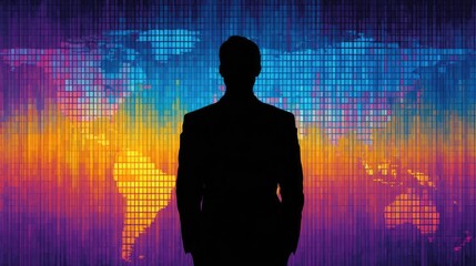 Poster - Investment opportunity on value and trading wealth concept. Silhouette of a businessman against a colorful digital backdrop.