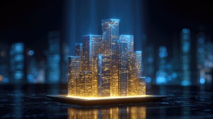 Aufkleber - Investment opportunity on value and trading wealth concept. Futuristic glowing city skyline on a digital platform.