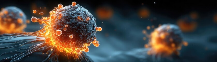 Poster - Chemotherapy effect diagnosis and discovery in oncology concept. Colorful microscopic view of cells showcasing dynamic movement.