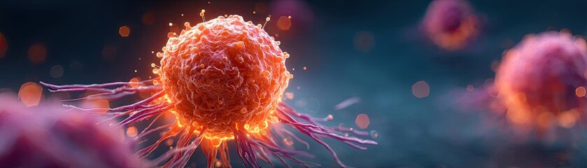Poster - Chemotherapy effect diagnosis and discovery in oncology concept. Microscopic view of a vibrant cell with intricate details.