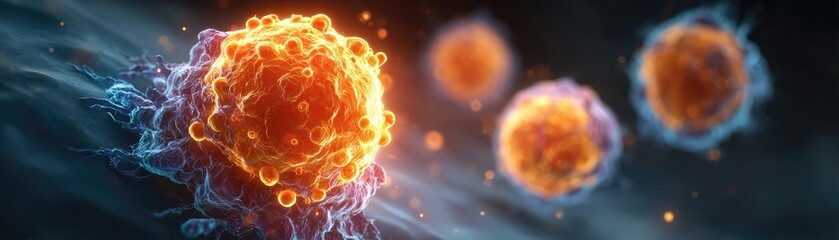 Poster - Chemotherapy effect diagnosis and discovery in oncology concept. Vibrant depiction of cells showcasing biological activity.