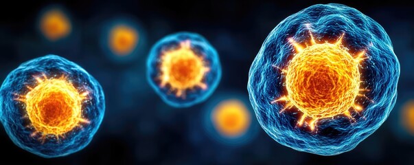 Poster - Immune response discovery and treatment mechanism concept. Microscopic cells with vibrant colors floating in dark space.