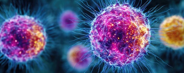 Poster - Immune response discovery and treatment mechanism concept. Close-up of vibrant, colorful cells showcasing microscopic life.