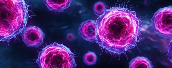 Poster - Immune response discovery and treatment mechanism concept. Colorful microscopic view of cells in vibrant purple tones.