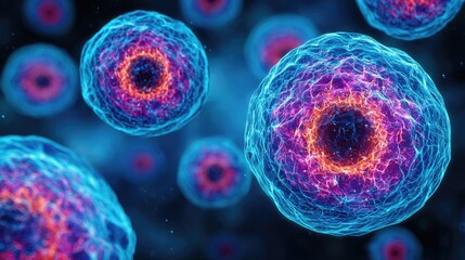 Poster - Immune response discovery and treatment mechanism concept. Vibrant digital representation of biological cells in motion.