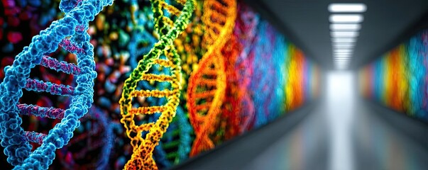 Poster - Chemotherapy effect diagnosis and discovery in oncology concept. Colorful DNA artwork in a modern scientific hallway.