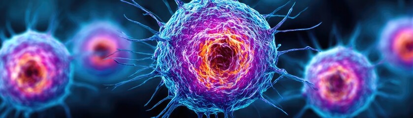 Poster - Immune response discovery and treatment mechanism concept. Microscopic view of colorful cells illuminating in the dark.