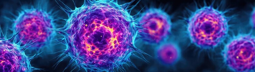 Poster - Immune response discovery and treatment mechanism concept. Colorful microscopic view of cells in vibrant blue and purple hues.