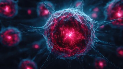 Poster - Immune response discovery and treatment mechanism concept. Abstract depiction of a vibrant, glowing cell in a dark background.