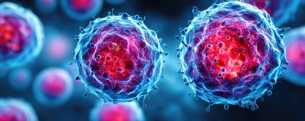 Poster - Immune response discovery and treatment mechanism concept. Detailed microscopic view of vibrant cells in scientific research.