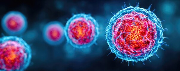 Poster - Immune response discovery and treatment mechanism concept. Microscopic view of colorful cells in a vibrant environment.