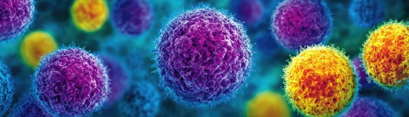Poster - Immune response discovery and treatment mechanism concept. Vivid microscopic view of colorful viruses and bacteria cells.