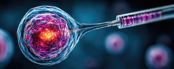 Poster - Immune response discovery and treatment mechanism concept. Close-up of a cell being injected with a colored substance.