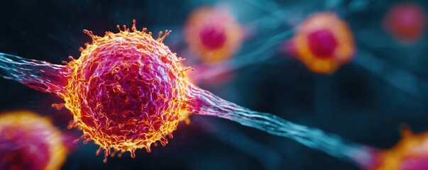 Poster - Immune response discovery and treatment mechanism concept. Microscopic view of vibrant, glowing cells in a biological study.