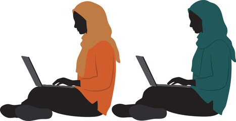 Poster - Two Muslim Women Wearing Hijabs Working on Laptops Sitting Side by Side Vector Illustration 