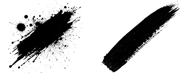 Fototapete - Two Dirty Black Brush Stroke Made With Gritty and Raw Texture Isolated on a Transparent or White Background