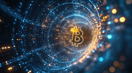 Poster - Glowing Bitcoin Symbol in Abstract Digital Space at Night