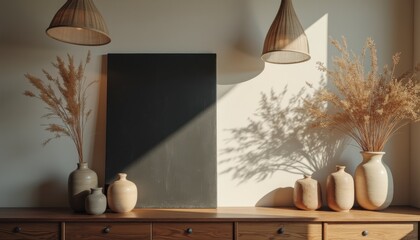 Aufkleber - Dried flowers in vases with large artwork in serene living room