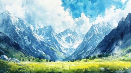 Poster - Majestic mountains and wildflower fields in serene valley