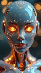 Fototapete - Female robot with glowing lights in dark studio setting