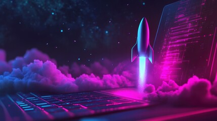 Rocket launching from laptop screen; digital startup concept.