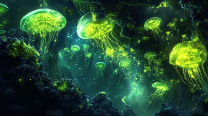 Aufkleber - Glowing jellyfish floating in serene underwater cave at night