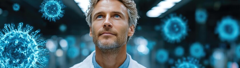 Poster - Immune response discovery and treatment mechanism concept. A scientist contemplates the future of virology in the lab.