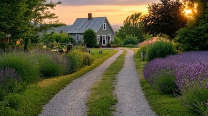 Aufkleber - Gray house with metal roof and lavender plants at sunset