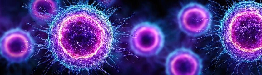 Poster - Immune response discovery and treatment mechanism concept. Colorful close-up view of vibrant cells under a microscope.