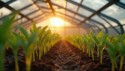 Poster - Numerous plants growing in greenhouse during sunset