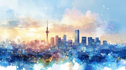 Poster - Serene cityscape at sunrise with towering buildings