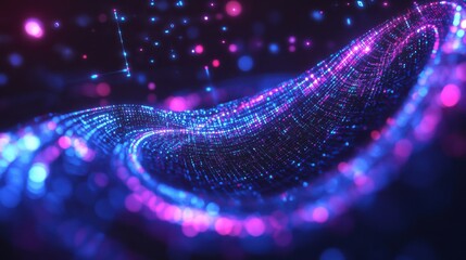 Poster - Abstract light particles forming a vibrant wave in digital night
