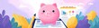 © Tin - Budgeting for beginners using expense record book concept. Colorful piggy bank on documents representing savings and finance.
