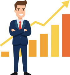 Poster - Businessman confident standing with rising bar chart in orange and yellow colors vector illustration for business growth and success concepts 