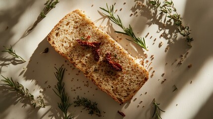 Aufkleber - Close-up of rustic slice of bread with sun-dried tomatoes and herbs