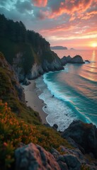 Poster - Serene sunset over dramatic cliffs and ocean waves