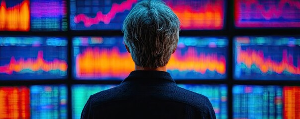 Poster - Market risk perception affects confidence in returns concept. A person analyzing financial data on colorful screens.
