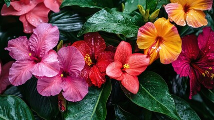 Poster - Vibrant hibiscus flowers in lush garden after rain